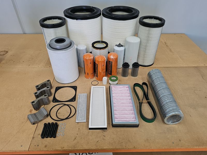 Drill rig service kit components bundled for scheduled maintenance