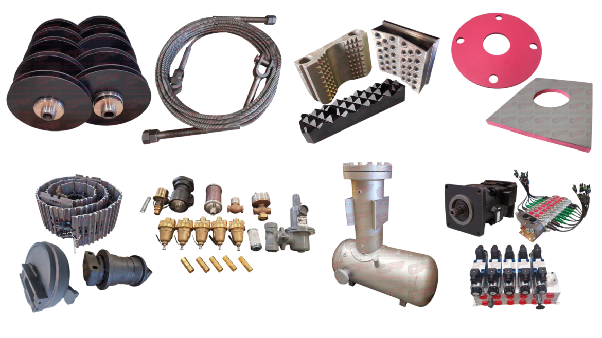 Complete Field Maintenance showcasing new and aftermarket OEM components including Pit Viper Feed Sheaves, Feed & Hoist Ropes, Breakout Jaws, Rod Wiper Deck Seals, Track Chains, Rollers & Idlers, Air End Control System Kits, Compressor Receiver Tanks, and Hydraulic Pump & Valve Assemblies.
